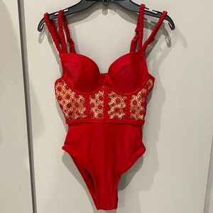 Red Braided Floral Asos Swimsuit Bodysuit 34A Built in Bra S